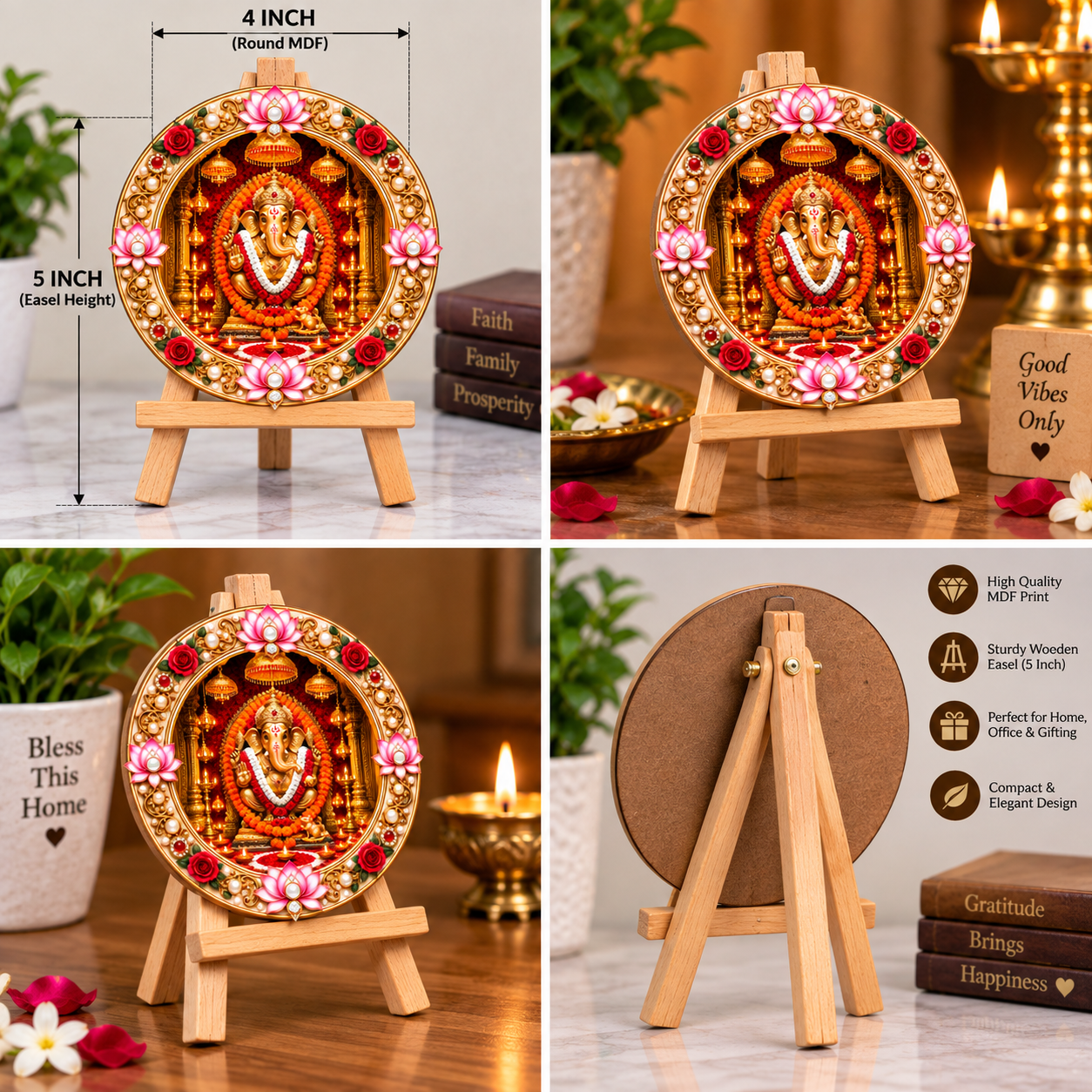 Lord Ganesha Decorative Round Acrylic Stand | 4 Inch Ganesh Ji Tabletop Decor
