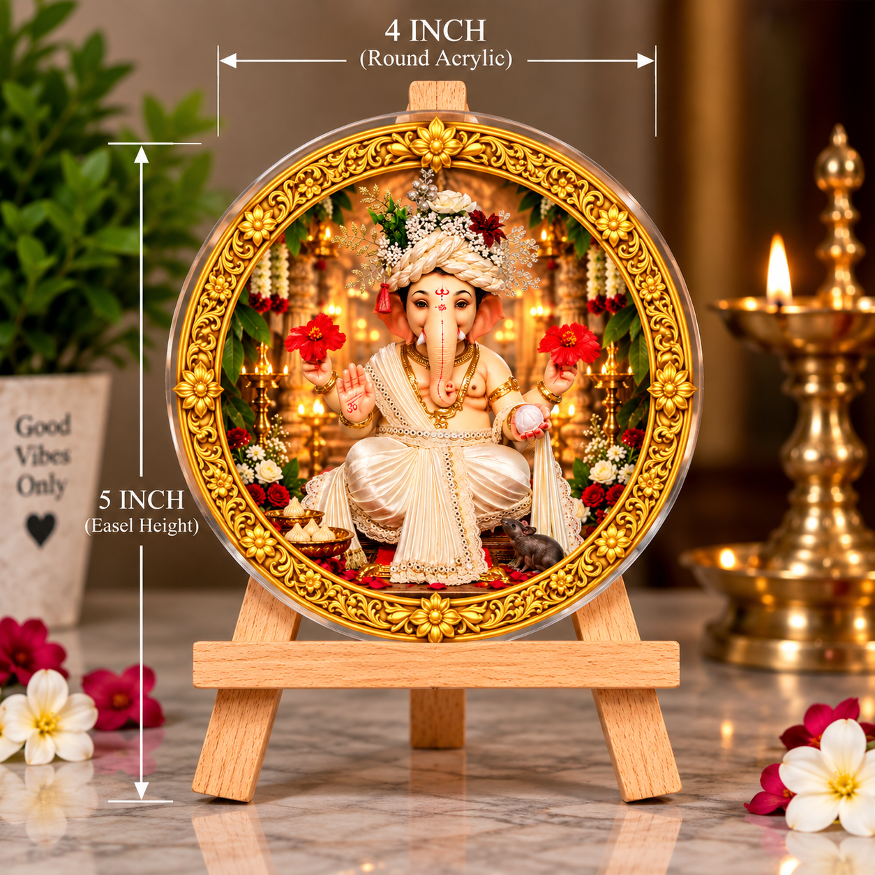 Lord Ganesha Decorative Round Acrylic Stand | 4 Inc