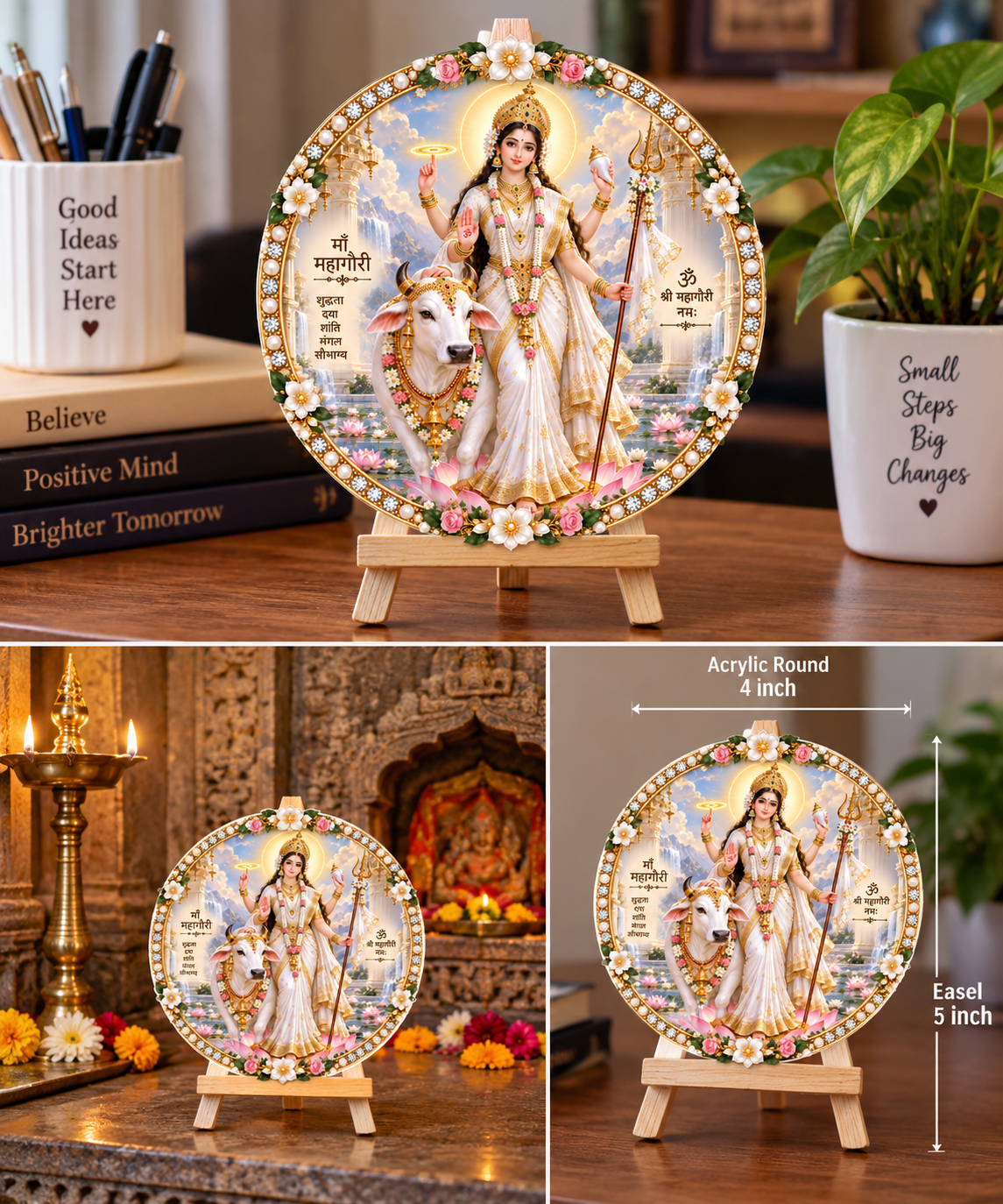 Product Name: Maa Mahagauri Tabletop Devotional Frame Goddess: Maa Mahagauri (depicted in a serene white and gold saree, resting peacefully alongside a white bull against a scenic mountain backdrop, holding a pink lotus) Design: Premium round acrylic plaque featuring a decorated golden border with white floral accents and crystal beads Stand: Natural wooden tripod easel stand for sturdy tabletop placement Dimensions: 4-inch acrylic round artwork, 5-inch wooden easel stand Ideal For: Home mandir, living room table, garden space decor, or spiritual gifting